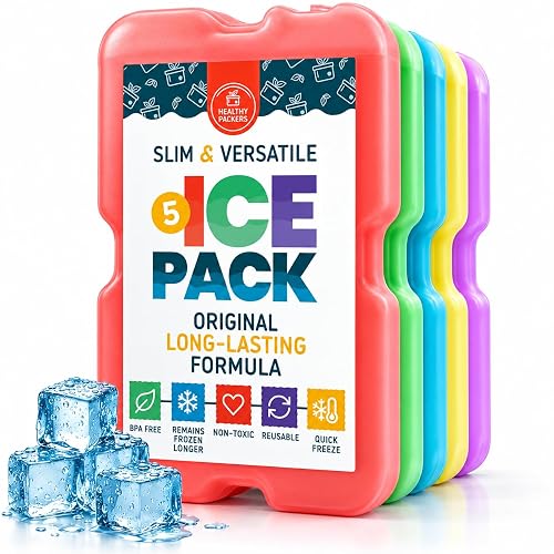 Healthy Packers Ice Packs for Lunch Boxes & Coolers | Slim Reusable 5-Pack | Slim, long-lasting gel ice packs, BPA-free. For coolers, lunch bags, bento boxes, kids school & work lunch. Beach & camping