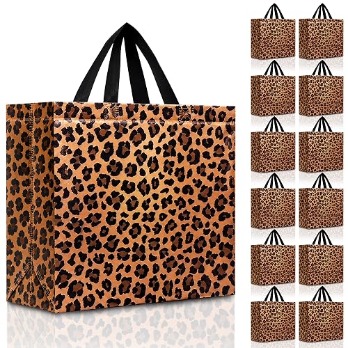 Nush Nush Set of 12 Reusable Large Leopard Print Gift Bags with Handles | 13 x 5 x 11-inch bags with a holographic cheetah print for birthdays, bachelorette parties, girls' nights and celebrations
