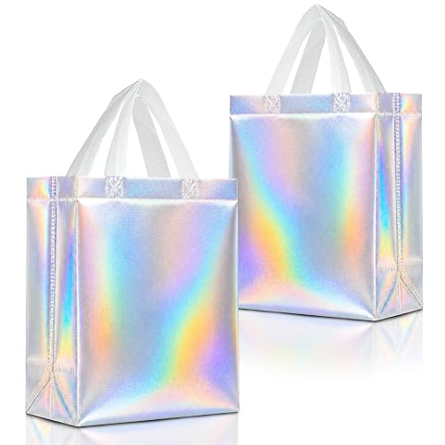 Nush Nush Set of 12 Reusable Medium Iridescent Gift Bags with Handles | 8 x 4 x 10-inch holographic bags for small and medium gifts at birthdays, weddings, holiday parties and celebrations