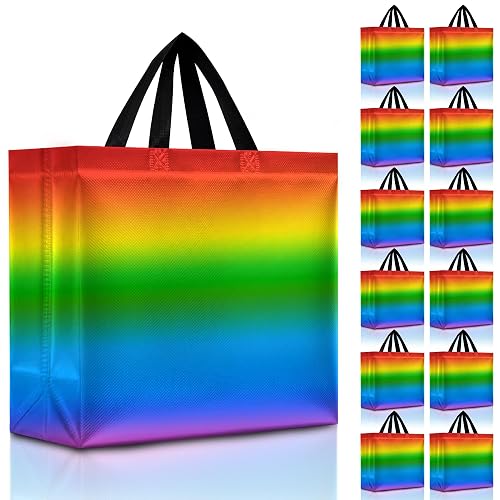 Nush Nush Set of 12 Reusable Large Rainbow Gift Bags with Handles | 13 x 5 x 11-inch bags with a shiny holographic rainbow design for birthdays, kids' parties, Pride events and celebrations