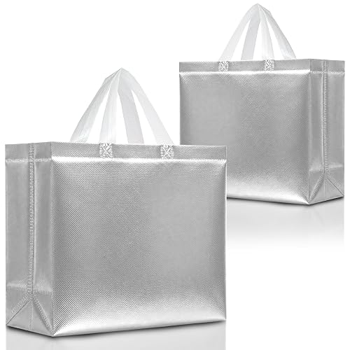 Nush Nush Set of 15 Reusable Large Silver Gift Bags with Handles | 13 x 5 x 11-inch shiny silver bags, ideal for multiple medium gifts at Christmas, weddings, parties and holiday celebrations
