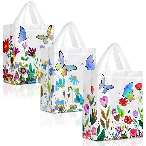 Nush Nush 12 Medium Floral and Butterfly Gift Bags with Handles, 3 Designs | 8 x 4 x 10-inch reusable bags with holographic flowers and butterflies for birthdays, baby showers and spring parties