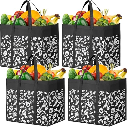 Reusable Grocery Bags Foldable Tote Bags bulk Shopping Bags 4-Pack, Black | Reinforced Handles Shopping Bags for Groceries Heavy Duty Kitchen Reusable Grocery Bags with Waterproof Coating