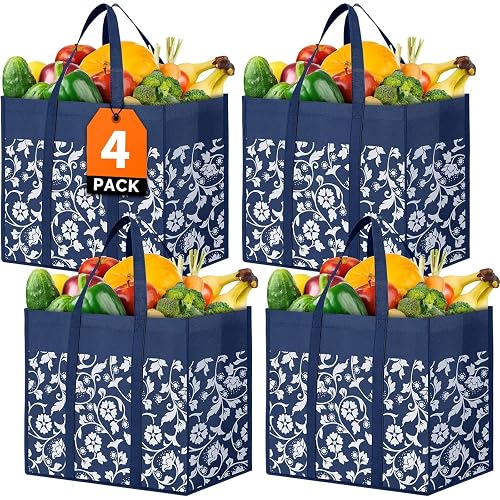 Reusable Grocery Bags Foldable Tote Bags Bulk Shopping Bags 4-Pack, Blue | Reinforced Handles Shopping Bags for Groceries Heavy Duty Kitchen Reusable Grocery Bags with Waterproof Coating