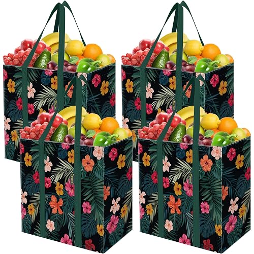 BALEINE 4 PK Grocery Bags Reusable Shopping Bags with Reinforced Bottom, Heavy Duty Foldable Tote Bags (Blossom Season)