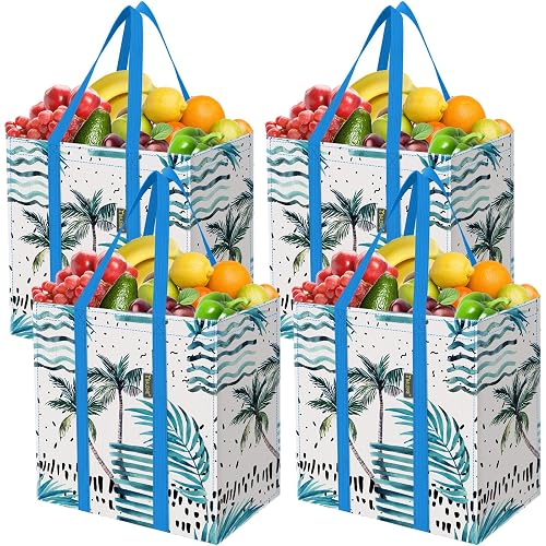 BALEINE 4 PK Grocery Bags Reusable Shopping Bags with Reinforced Bottom, Heavy Duty Foldable Tote Bags (Island Breeze)