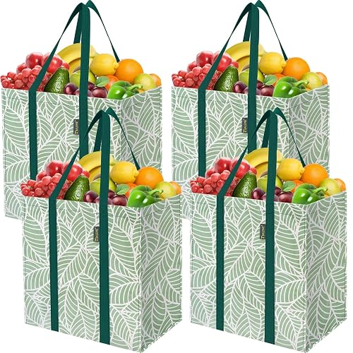BALEINE 4 PK Grocery Bags Reusable Shopping Bags with Reinforced Bottom, Heavy Duty Foldable Tote Bags (Antique Folidage)
