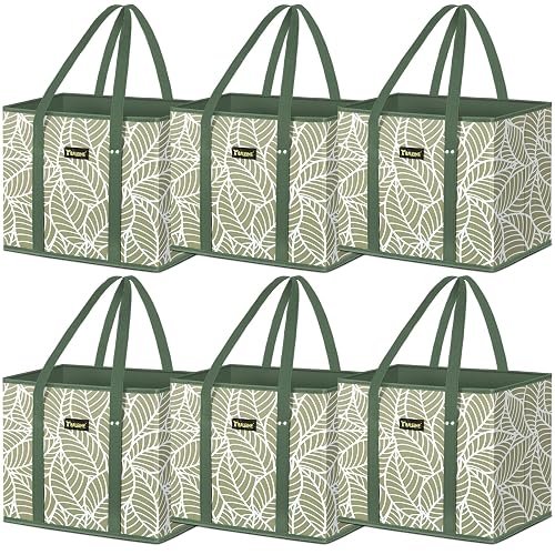 BALEINE 6PK Reusable Grocery Bags, Heavy Duty Shopping Tote Bag | 12'' Long Handles, Reinforced Bottom Keeps Upright, Fold Flat Storage, Water-Resistant Shopping Bag, Multiple Color Options
