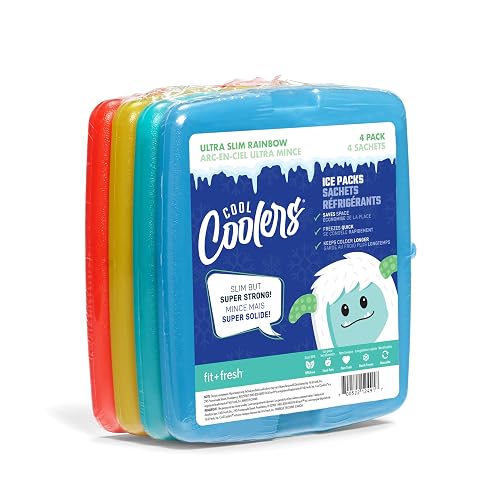 Cool Coolers by Fit & Fresh Reusable Slim Ice Packs For Lunch Bags, 4pk | Long-Lasting Powerful Freeze, Space Saving, BPA-Free, Freezer Packs for Coolers, Lunch Boxes, Camping & Travel