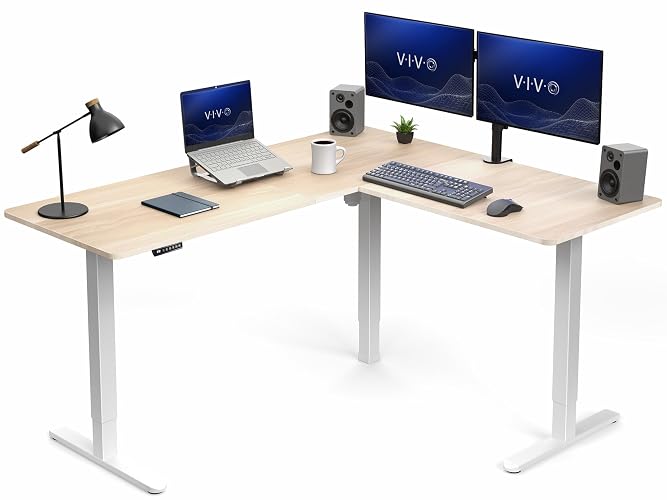VIVO Electric Corner Standing Desk, L-Shaped, 63" x 55" Light Wood Top | Holds 225 lbs, 3 Leg, Single Motor, 4 Memory Presets, Reversible Table, Height Adjustable, White Frame, DESK-E3CTC