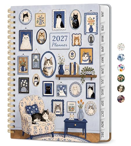 2027 Planner, Jan 2027-Dec 2027 Monthly & Weekly Calendar Planner | 6.3" x 8.5", Hardcover Calendar, Spiral Agenda Book with Tabs, Office School Home Supplies for Women and Men, Azure Feline