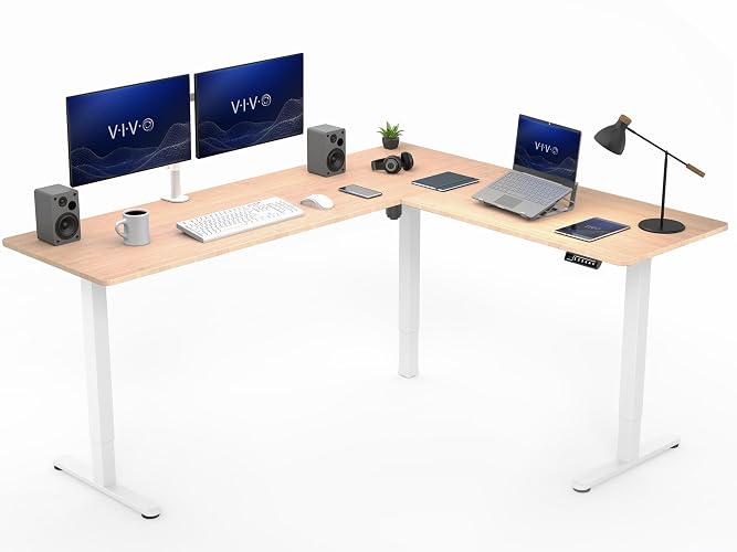 VIVO Electric Corner Standing Desk, L-Shaped, 75" x 63" Bamboo Top | Holds 225 lbs, 3 Leg, Single Motor, 4 Memory Presets, Reversible Table, Height Adjustable, White Frame, DESK-E3CTWO-75