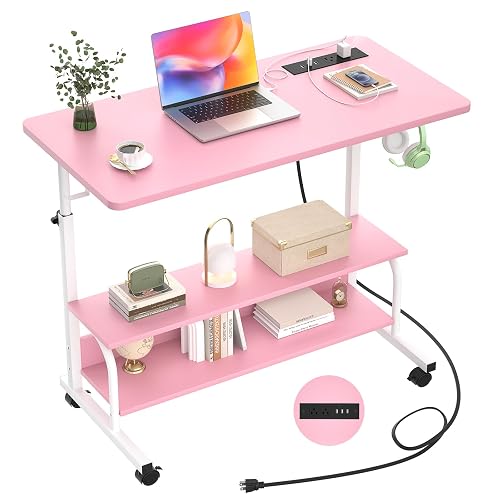 Armocity 32" Rolling Standing Desk with Charging Station for Couch Bed | Height Adjust 27.5-41", 2 AC/3 USB, Mobile 4 Lockable Wheels, 2-tier Shelves Hook, Safe Corner Fast Assembly
