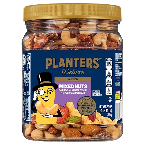 PLANTERS Deluxe Sea Salt Mixed Nuts, Plant Based Protein, 27 Oz (1 Ct) | Mixed Nuts: Cashews, Almonds, Pecans, Pistachios, Hazelnuts. Snacks for Adults. Resealable Jar. Party Snack