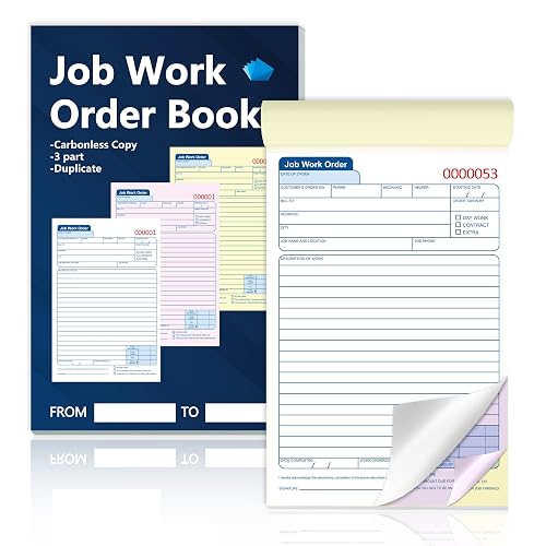 50 Sets Job Work Order Form Book 3 Part Carbonless Work Order Invoice Book 5.5 x 8.3 inch Job Order Forms with Numbers and Tear Off Top with Hard Backing for Business Service (1)