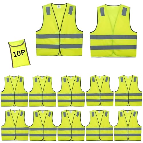 Lavori-AK Safety Vests 10 Pack - Yellow Reflective High Visibility Construction ANSI Class 2 Work Vest for Men,Woman,Hi Vis Vest Mesh and Neon Silver Strip