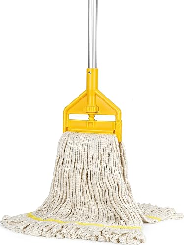 VOUBIEN Commercial Mop Heavy Duty Industrial Cotton Mops with Long Handle | 59" Aluminum Handle/Looped-End String Mops Head/Dry Wet Use for Home/Kitchen/Garage/Office/Concrete/Tile Floor Cleaning