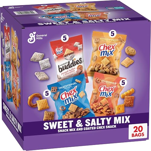 Chex Mix Variety Pack, Sweet & Salty, 20 ct, 35 oz | Muddy Buddies Peanut Butter & Chocolate, Traditional, Cheddar, and Honey Nut flavors (5 of Each), Single-Serve Bags