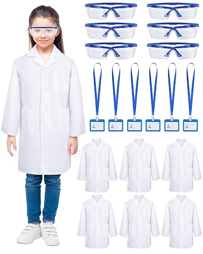 Unittype 6 Sets 18 Pcs Lab Coats Bulk with Goggles Card Holder,Large | White Scientist Doctor Costume for Young Learners, Dress up Role Play, School Science Party Career Day STEM Activity Set