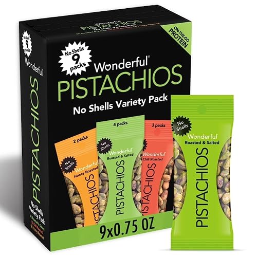 Wonderful Pistachios No Shells, 3 Flavors Mixed Variety Pack of 9 (0.75 Ounce), Roasted & Salted Nuts (4), Chili (3), Honey (2), Protein Snacks, Gluten Free, Healthy Snacks Variety Pack for Adults, Stocking Stuffers for Adults