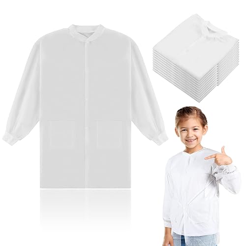 Patelai 10 Pcs Kids Disposable Lab Coats White Science Coats Bulk for Child with Elastic Knit Cuffs and Front Snap Fastener