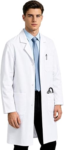 BOXPATH White Lab Coat Men,Medical Lab Coat,Doctor Costume Adult Men | Thick,3 Pockets,Button Front,Long Sleeve,Machine Washable ,Halloween Costumes Men Adult,Scientist Doctor Coat Classroom,Lab