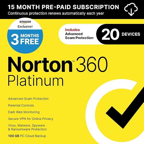 Norton 360 Platinum 2027 Antivirus, 20 Devices, 3 Months Free [Download] | Includes Scam Protection, Advanced VPN, Dark Web Monitoring, & PC Cloud Backup