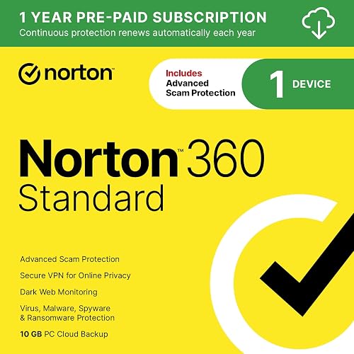 Norton 360 Standard 2027 Antivirus, 1 Device, Auto-Renews [Download] | Includes Scam Protection, Advanced VPN, Dark Web Monitoring, & PC Cloud Backup