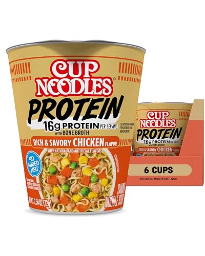Nissin Cup Noodles Protein Ramen, Chicken Flavor with Bone Broth, 16g Protein, 2.54 Ounce Cup (Pack of 6)
