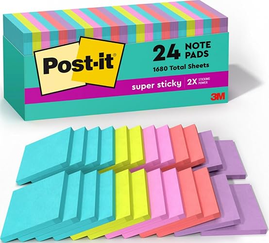 Post-it Super Sticky Notes, 3 x 3 in, Supernova Neons, 24 Pads | School Supplies and Oﬃce Supplies, 2X the Sticking Power