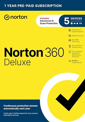 Norton 360 Deluxe Antivirus, 5 Devices, Auto-Renews [Key Card] | Includes AI Scam Protection, Advanced VPN, Dark Web Monitoring, & PC Cloud Backup