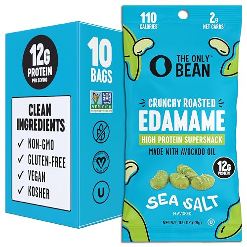 The Only Bean Crunchy Dry Roasted Edamame Snacks (Sea Salt), Healthy High Protein(12g) Keto Food, Low Carb Gluten Free Office Vegan Food 100 Calorie Snack Pack, 0.9oz 10 Pack