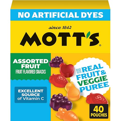 Mott's Assorted Fruit Snacks Family Pack, Gluten Free Gummies, Made with Fruit & Veggie Juice, Good Source of Vitamin C, Gelatin Free, 40 Count Individual Pouches, 32 oz