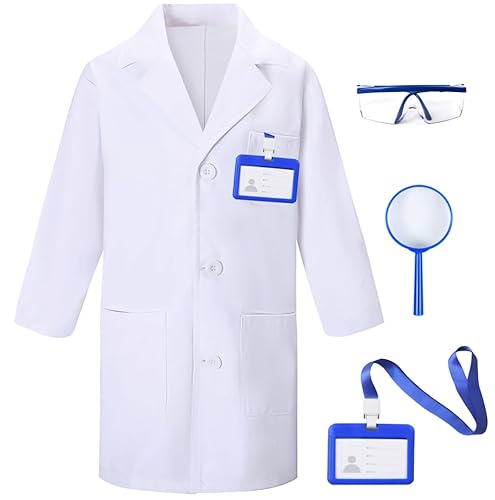 TOGROP 4Pcs Doctor Scientist Lab Costume for Kids Role Play Thick White Coat Birthday Party Gift 3-12 Years