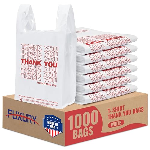 Fuxury Plastic Bags Thank You Shopping Grocery T-Shirt Bag with Handles | 1000 Count - 11.5 x 6.5 x 21" Take Out, To Go, Retail, Restaurants, Store Bags for Small Business in Bulk White (Made in USA)