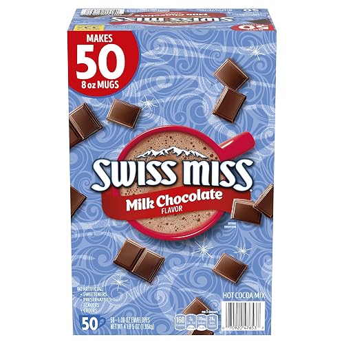 Swiss Miss Milk Chocolate Flavor Hot Cocoa Mix, 1.38 oz., 50-ct | Individually portioned packets; made with real cocoa & milk; perfect for cozy nights & snow days; enjoy morning or night