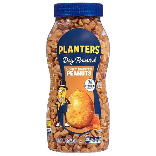 PLANTERS Honey Roasted Peanuts, Plant Based Protein Snacks, 16 Oz (1 Ct) | Roasted Sweet & Salty Nuts. Kosher. Resealable Jar. Snacks for Adults. Party Mix, Party Snacks