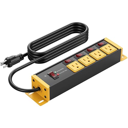 CCCEI 12 Gauge Heavy Duty Surge Protector, Yellow, 6FT, 1 | Individual Switches, Extension Cord with Multiple Outlets, Wall Mount Plug Extender, Grounded, Garage, Home Essentials.