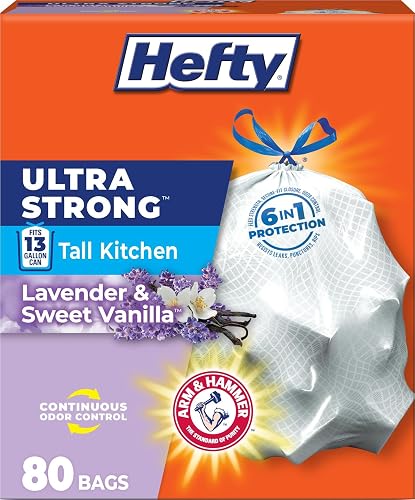 Hefty Ultra Strong 13 Gal Kitchen Trash Bags, White, Lavender Vanilla, 80ct | 13G Tall White Trash Bags with Drawstrings for Kitchen and Home Use, Resists Leaks, Punctures, Rips, Continuous Odor Control