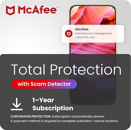 McAfee Total Protection, Text, Email, Video Scam Protection | Auto-Renews | Stay one step ahead of scams. Includes automatic alerts for text, email, and video scams, plus on-demand QR code scans.