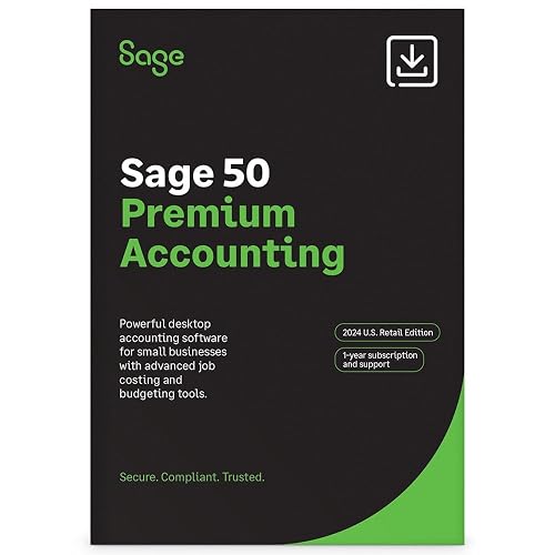 SAGE 50 Premium Accounting 2024 U.S. Retail Edition 1-User | PC Download | 1-user, 1-year subscription with job costing, inventory management, financial reporting, and small business accounting tools.