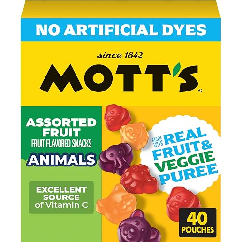 Mott's Assorted Fruit Flavored Snacks, No Artificial Dyes, 40 Pack | Gluten-Free, Gelatin-Free, Fat-Free, Made with Real Fruit & Veggie Puree, Excellent Source of Vitamin C, Animal Shapes