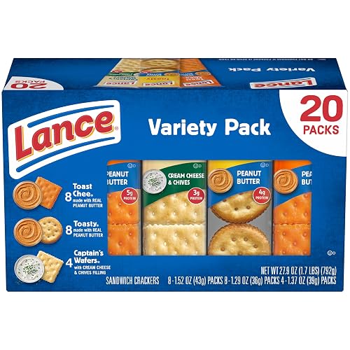 Lance Assorted Sandwich Crackers, 20 Pack Variety Pack | ToastChee Peanut Butter, Toasty Peanut Butter & Captain's Wafers Sandwich Crackers in Individual Packs for Easy Snacking