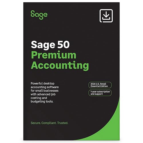 SAGE 50 Premium Accounting 2026 U.S. Retail Essential Edition | PC Online Code | 1-user, 1-year subscription with bookkeeping, invoicing, job costing, and financial management tools.