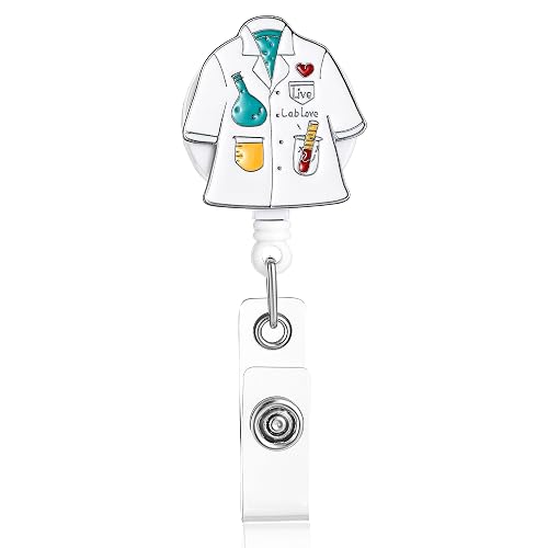 MEDFOLY Funny Lab Coat Badge Reel Retractable Science ID Badge Holder Clip | Cute Scientists Doctor Nurse Laboratory Enthusiasts Card Badge Reel,Enamel Charm Design,Smooth Nylon Rope to 24in
