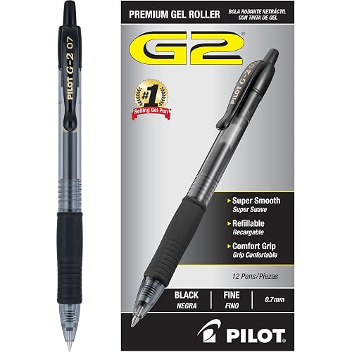 PILOT G2 Premium Gel Pens, Fine Point 0.7mm, Black Ink, 12-Pack | G2 pilot pens, refillable and retractable ball, gel pens for journaling, writing pens, quick-drying ink, contoured grip