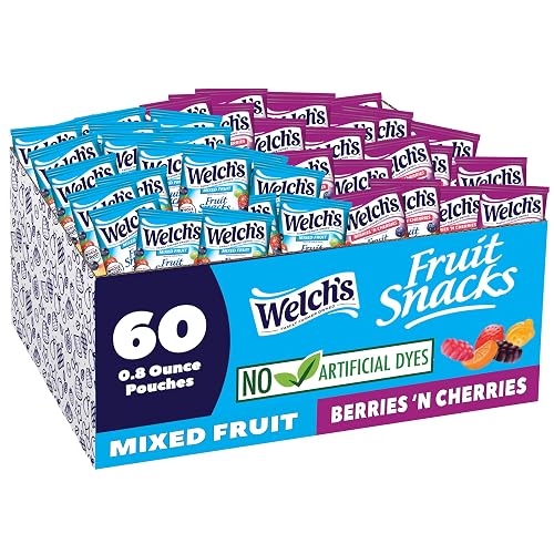Welch's Fruit Snacks, Mixed Fruit & Berries 'N Cherries, 0.8 oz, 60 Ct | Made with whole fruit, no artificial dyes, gluten free, 25% DV Vitamins A/C/E, great for kids and school lunches