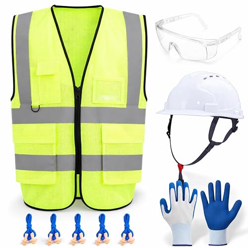 Cuffbow 9 Pcs Personal Protective Equipment (Ppe) Safety Kit | Safety Glasses, Earplugs, Hard Hat, Nitrile Gloves, Reflective Vest for Construction Site Protection, Warehouse Operations