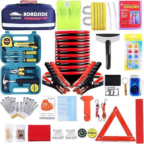 LIANXIN Emergency Roadside Kit for Car,Safety Car Kit with Jumper Cables | Roadside Assistance Emergency Kit Warning Triangle, Safety Hammer, Tow Rope, Car Emergency Kit Gifts for New Drivers