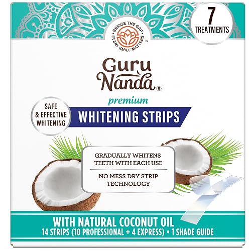 GuruNanda Teeth Whitening Strips - 4X Whiter Teeth, 7-Day Whitening Kit | Non-Slip 4 Layer Dry Strip Technology|With Coconut Oil|Promotes Brighter Smile|Gentle on Enamel|Easy to Apply Teeth Whitener